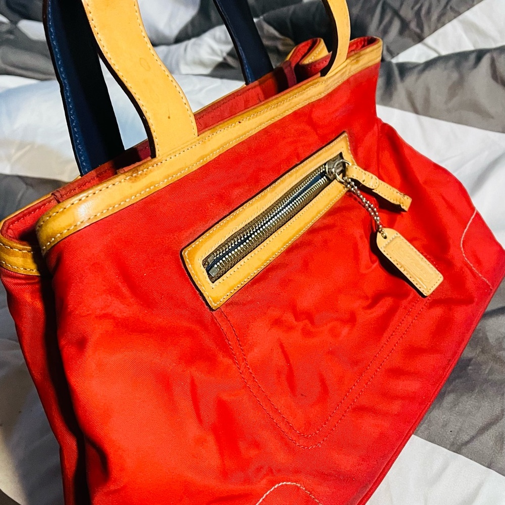 Coach Red Mini Tote with Tan Leather Trim and Front Zip Pocket